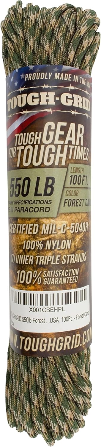 TOUGH-GRID 550 Paracord Rope Nylon Parachute Cord, Made in USA Survival Kit, Outdoor Adventures, Camping, Tactical Gear & Emergency Supplies, Military Type III Mil-Spec