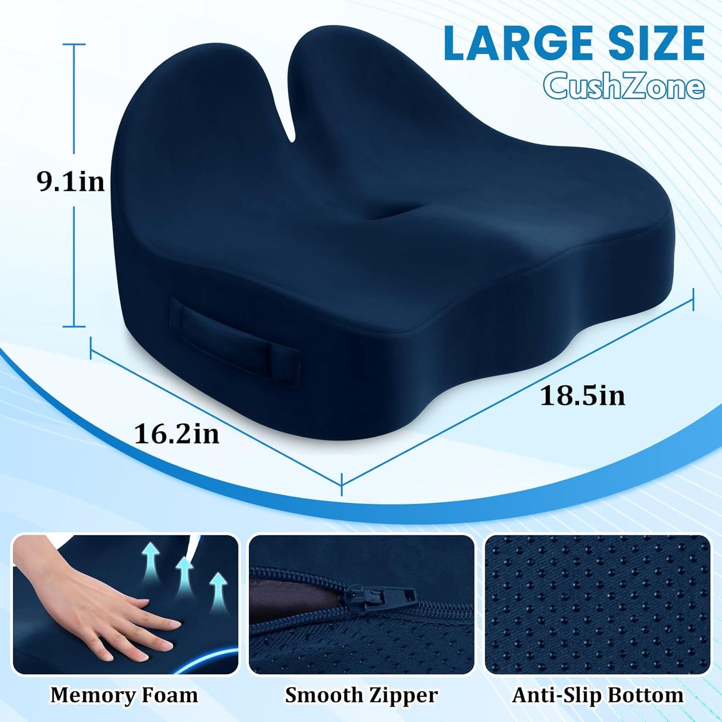 Seat Cushion, Memory Foam Office Chair Seat Cushion for Office Chairs/Car/Long Trip/Desk Chair/Gaming, Extra Large Size for Sciatica & Hip & Tailbone Pain Relief, Sciatica Support (Blue)