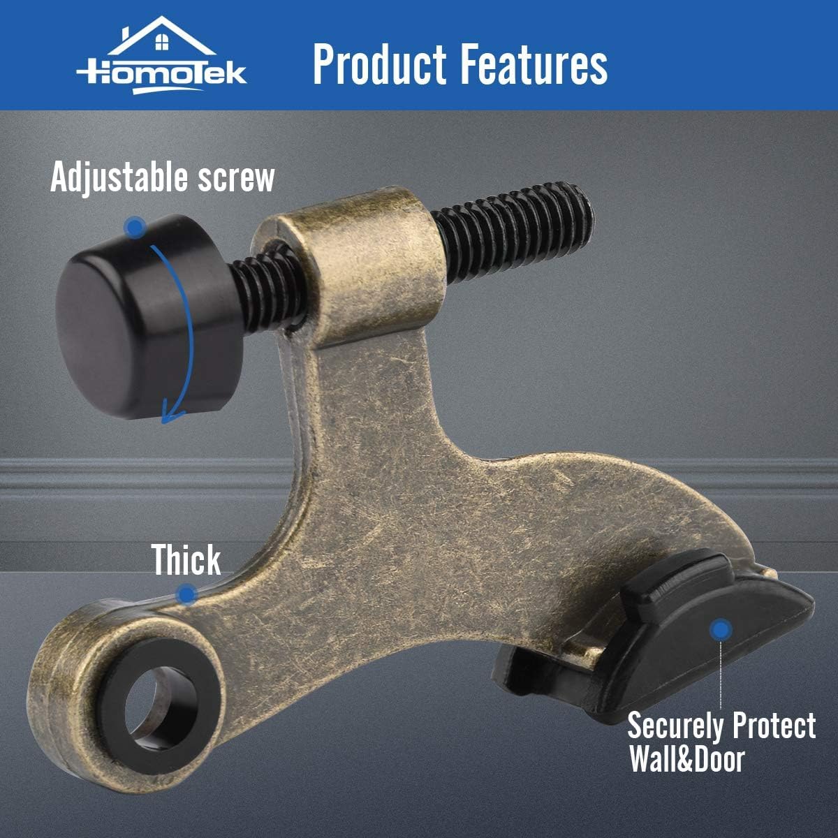 HOMOTEK 4 Pack Hinge Pin Antique Brass Door Stopper, Adjustable Deluxe Heavy Duty Door Stopper 2-1/2"x1-3/4”, with Black Rubber Bumper Tips