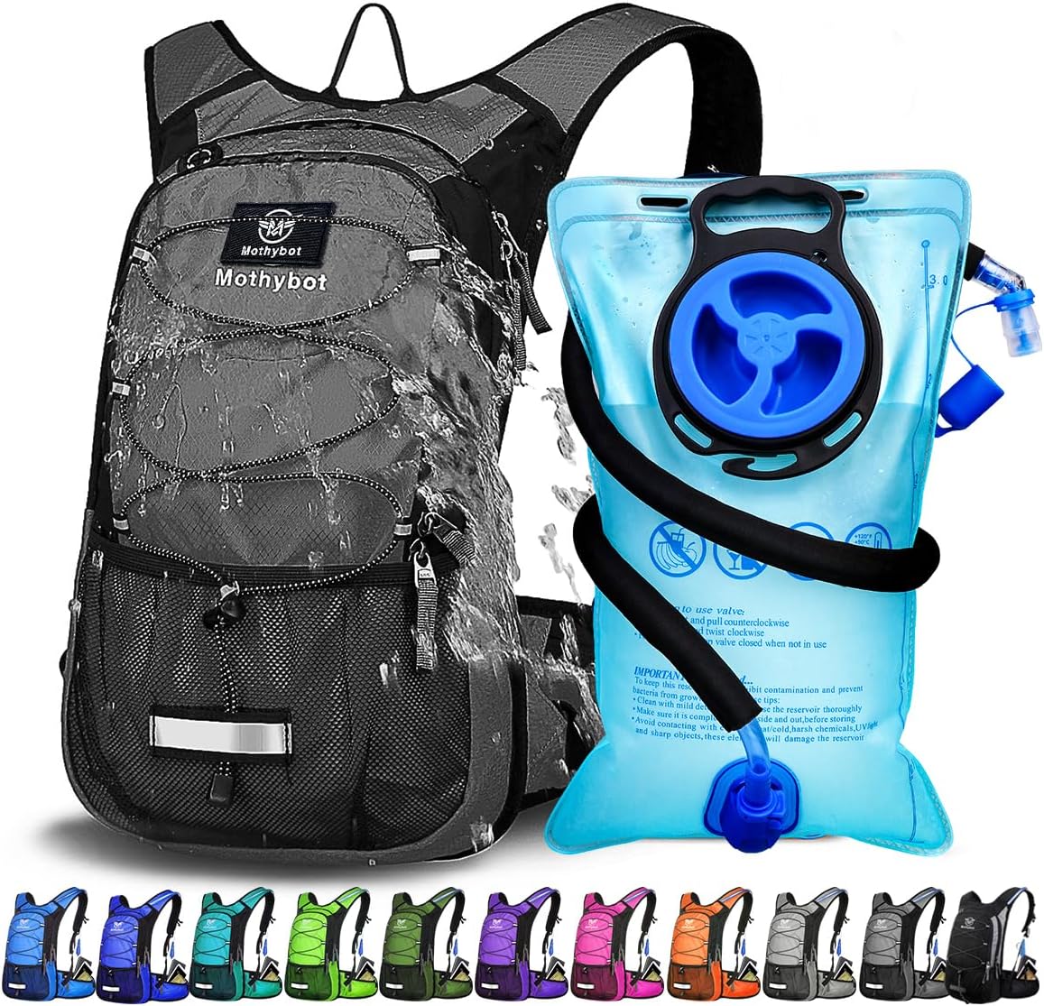 Insulated Hydration Backpack Pack with 3L BPA Free Leak Proof Water Bladder, Large Storage Lightweight Hiking Daypack with Waist Pouches & Cooler Layer, for Running, Biking, Camping, Festival
