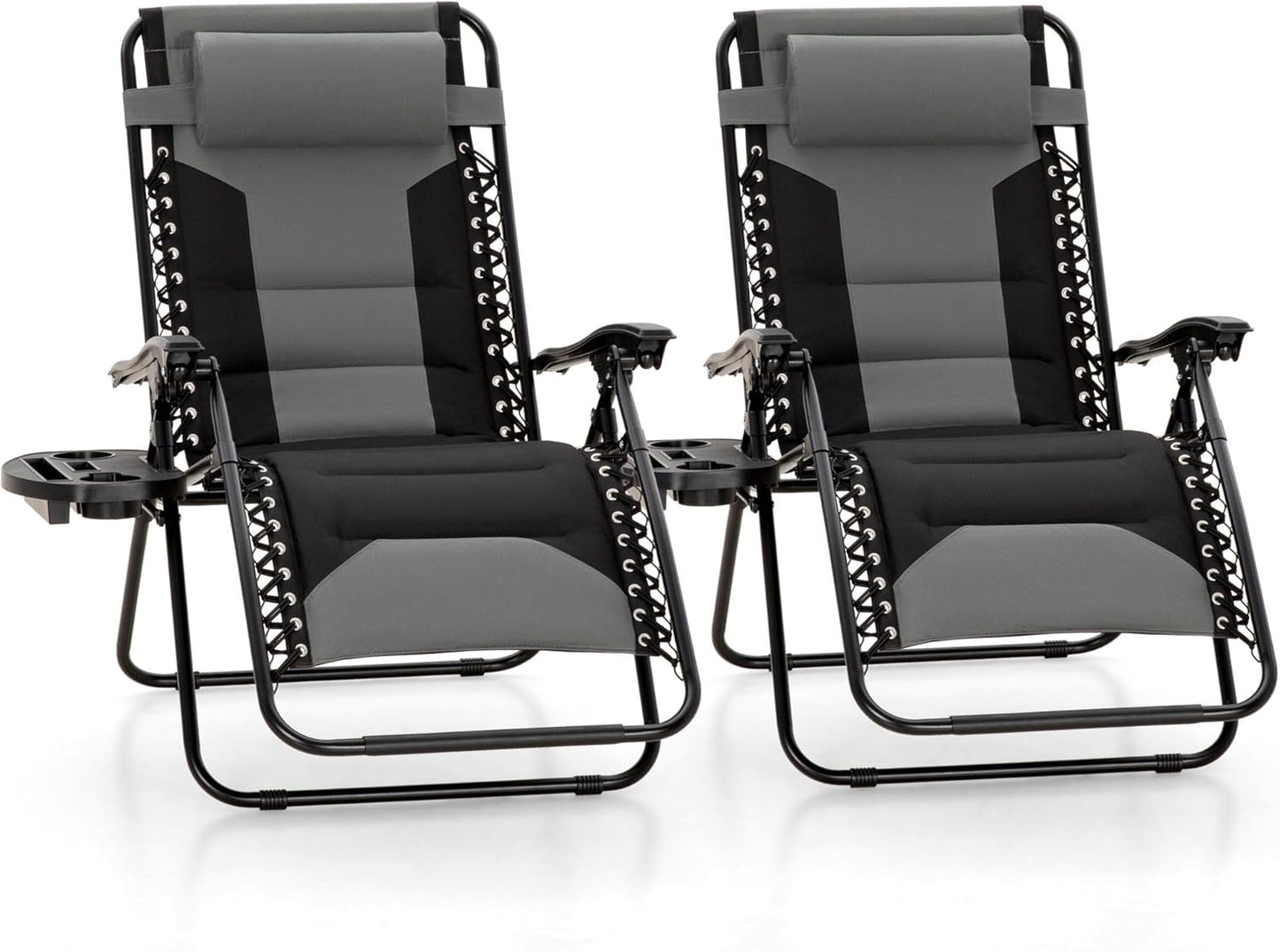 MFSTUDIO Padded Zero Gravity Chair Set of 2, Folding Patio Lounge Recliner with Adjustable Pillows & Cup Holder for Poolside Backyard, Support 400lbs(Grey)