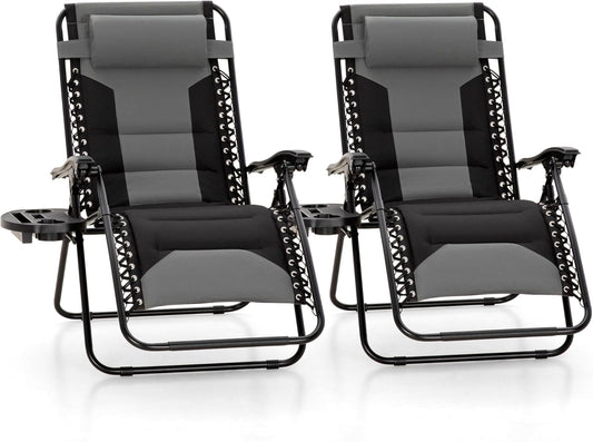 MFSTUDIO Padded Zero Gravity Chair Set of 2, Folding Patio Lounge Recliner with Adjustable Pillows & Cup Holder for Poolside Backyard, Support 400lbs(Grey)