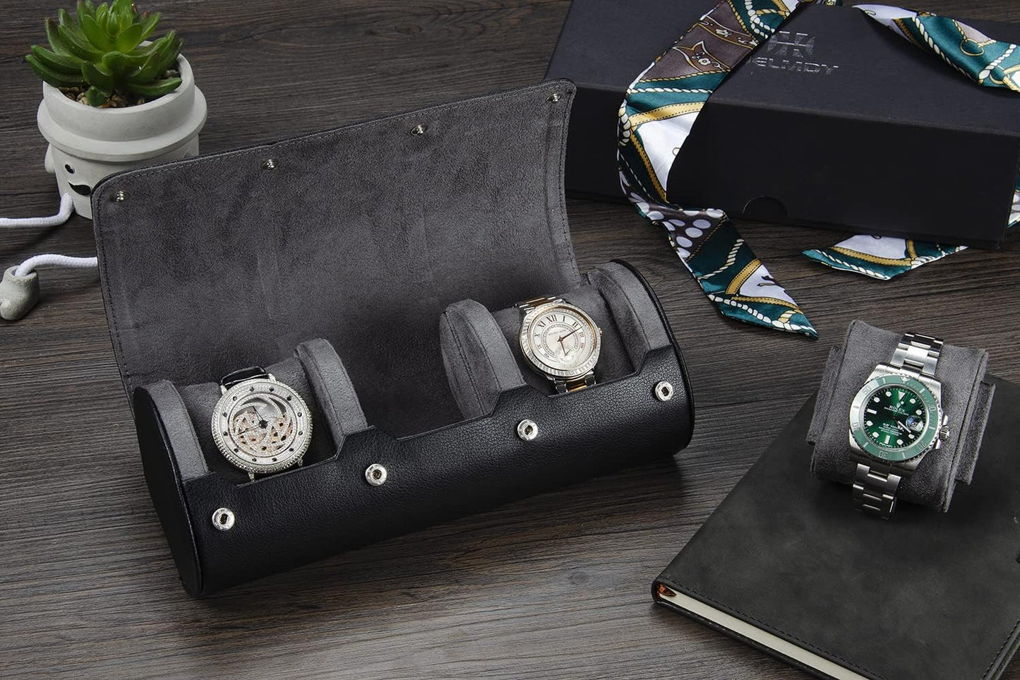 Watch Travel Case for Men: 3 Slot Watch Box Organizer Display Case - Portable Watch Storage & Travel Case - Watch Roll Fits All Wrist Watches & Smart Watches Up to 50mm (Black)