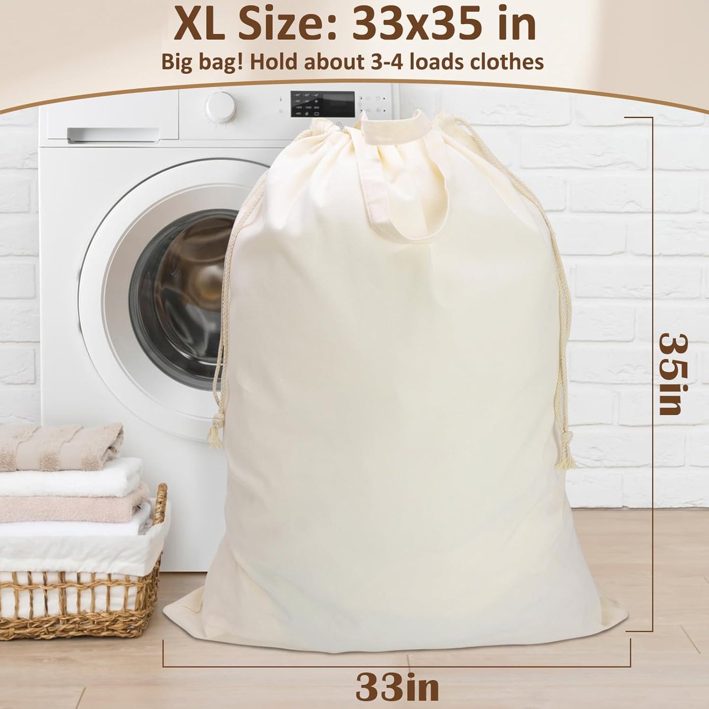 Canvas Laundry Bag 33"x 35", Thick Cotton Laundry Bag with Handles & Drawstring, Extra Large Heavy Duty Washable Basket Liner Hamper Liner Canvas Storage Sack (Beige XL, 2 Pack)