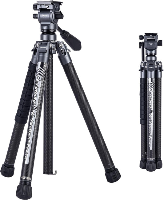 Fotopro Carbon Fiber Travel Tripod 2.2lbs Ultralight 64 Inch Portable Compact Travel Video Tripod for Camera DSLR Load up to 22lb X-Aircross 3 Lite Video Grey