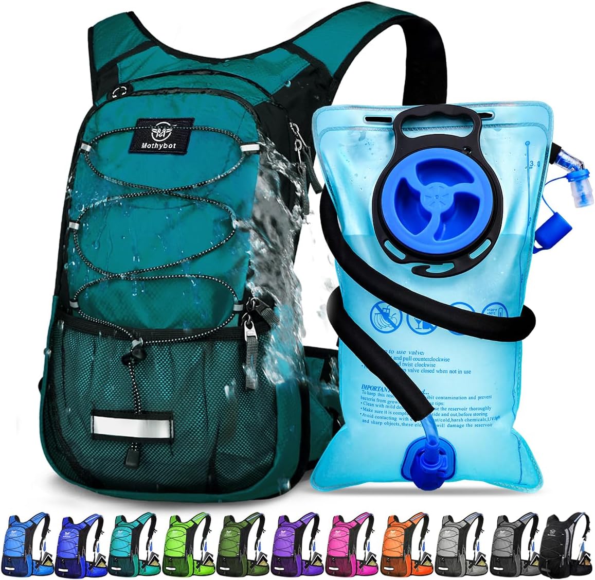 Insulated Hydration Backpack Pack with 3L BPA Free Leak Proof Water Bladder, Large Storage Lightweight Hiking Daypack with Waist Pouches & Cooler Layer, for Running, Biking, Camping, Festival
