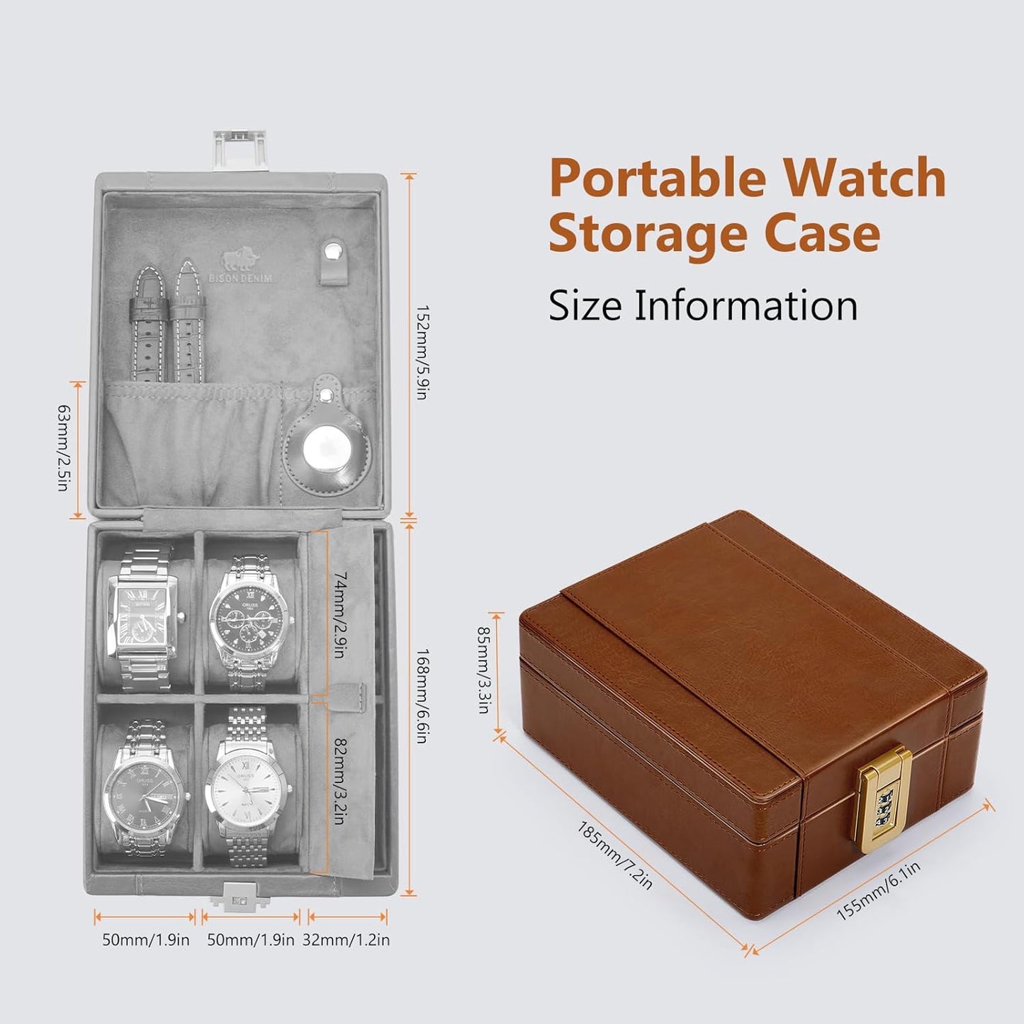 BISON DENIM Watch Box, 4 Watch Travel Case with Combination Lock - PU Leather Men's Watch Storage Box & Jewelry Organizer with Ring Slots & Necklace Hooks, Secure Travel Case, Brown