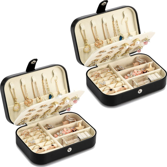 Travel Jewelry Box, PU leather Small Jewelry Organizer For Female Girls, double layer portable mini travel case for storing earrings, rings, necklaces.(Black 2pcs)