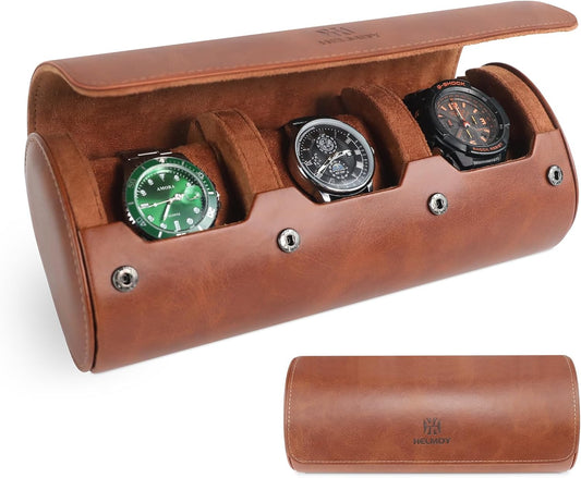 Watch Roll Travel Case for Men and Women: 3 Watch Travel Roll - Storage Box Organizer and Display Case for Wristwatches & Smart Watches up to 50mm (Brown)