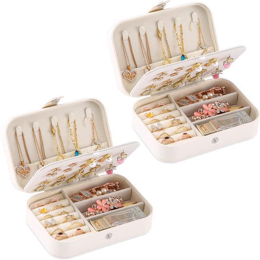 Travel Jewelry Box, PU leather Small Jewelry Organizer For Female Girls, double layer portable mini travel case for storing earrings, rings, necklaces.(Bright White 2pcs)