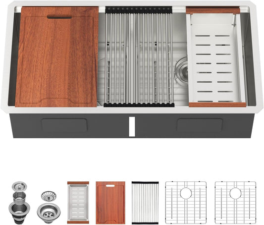 Lordear 36 Inch Undermount Kitchen Sink Double Bowl Stainless Steel Kitchen Sinks 50/50 Low Divided 16 Gauge Undermount Sink 36x19x10 Inch Handmade