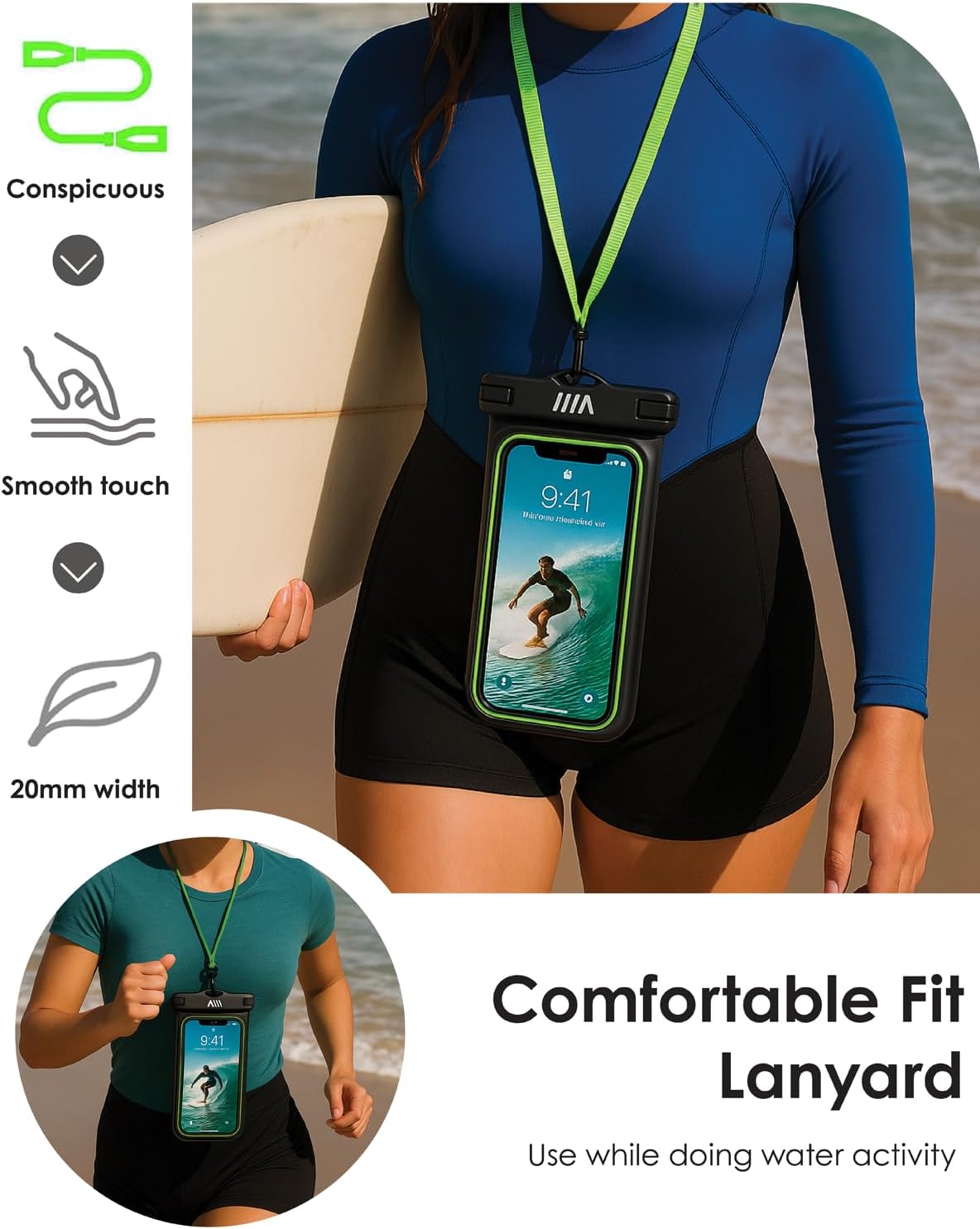 【2025 Upgraded】 4 Pack Black - IP68 Waterproof Phone Pouch Floating Design No Sink Waterproof Phone Case - Beach Pool Travel Essentials - Works w/All Phones - Detachable Lanyard - Black/Hi-Vis Green