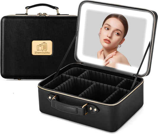 Makeup Bag with LED Mirror & Magnifier, Large Cosmetic Organizer Travel Makeup Case with Adjustable Brightness & 6 Detachable Dividers, Portable Makeup Storage for Women Girls (Black)