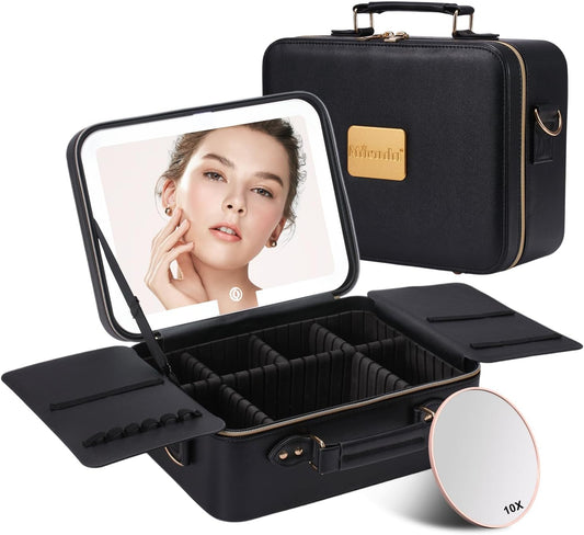 Mocado Travel Makeup Bag with LED Lighted Mirror,Makeup Case with 3 Color Lighted Setting and 10x Magnifying Mirror, Portable Storage and Adjustable Dividers (Black with Hard Leather)