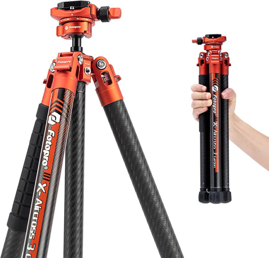 Fotopro Carbon Fiber Tripod 1.7lbs Ultralight 62 Inch Portable Compact Travel Tripod for Camera DSLR Load up to 22lbs X-Aircross 3 Lite Orange