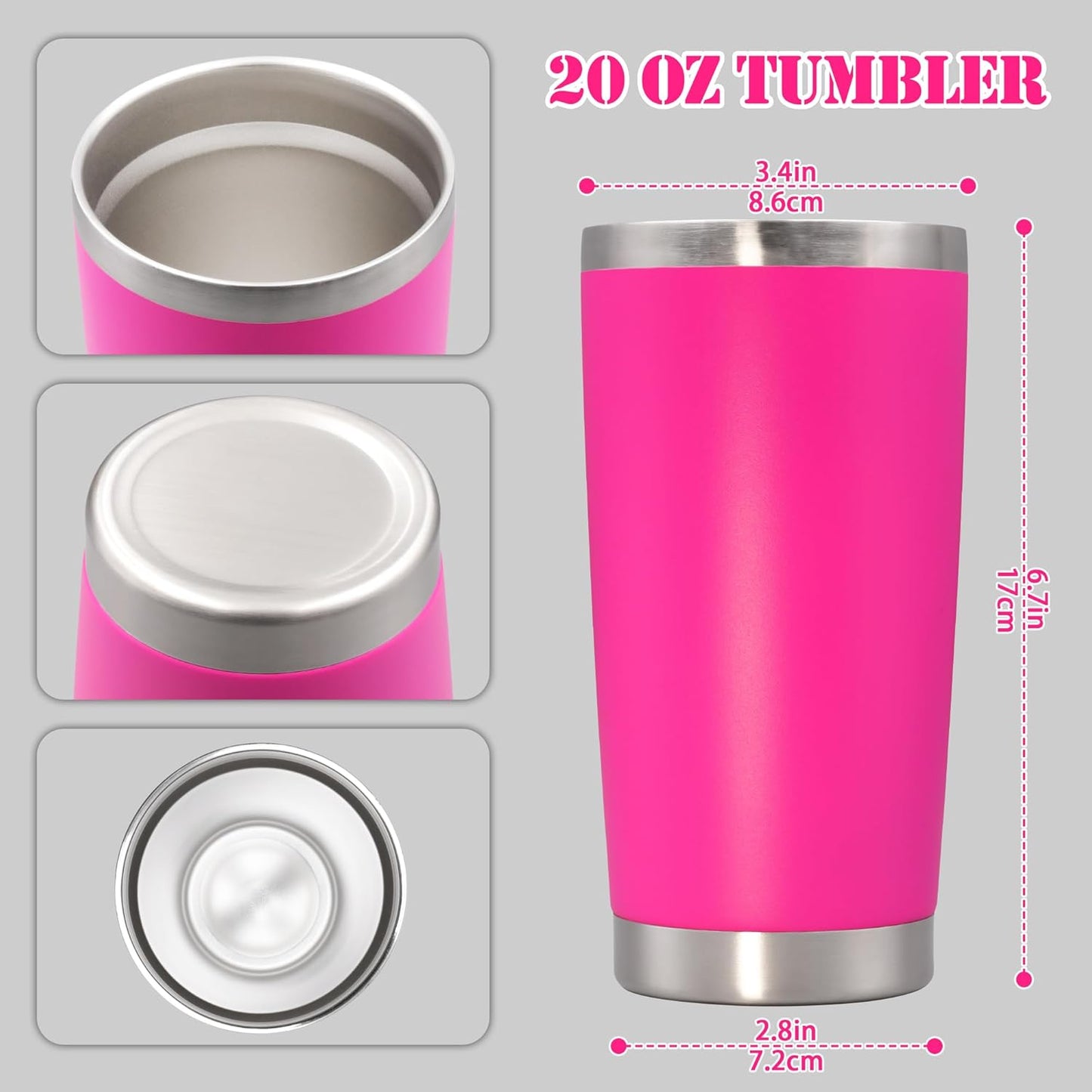 20 oz Tumbler with lid Double Wall Vacuum Insulated Tumblers Stainless Steel Coffee Mug Travel Coffee Tumbler Powder Coated Tumbler Cup Keep Hot&Cold - (Hot Pink 12 Pack)