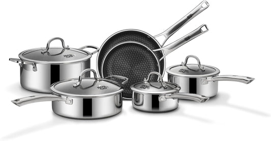 Pots and Pans Set Non Stick, 10 Pcs Hybrid Stainless Steel Cookware Sets, Non Stick Frying Pans, Saucepans, Saute Pan & Stock Pot, PFOA Free Kitchen Skillet,Induction Compatible
