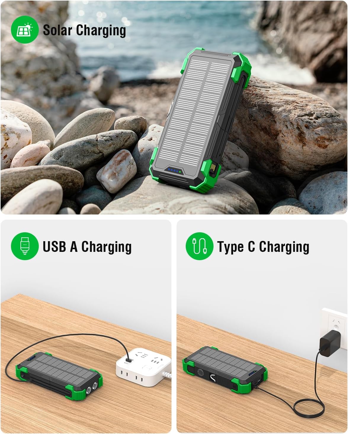 Solar Charger Power Bank, 42800mAh Wireless Portable Charger with USB-C in/Output, QC3.0 Fast Charging 15W 4 Ports Outdoor Battery Pack Built-in Dual Led Flashlights for iPhone Samsung etc