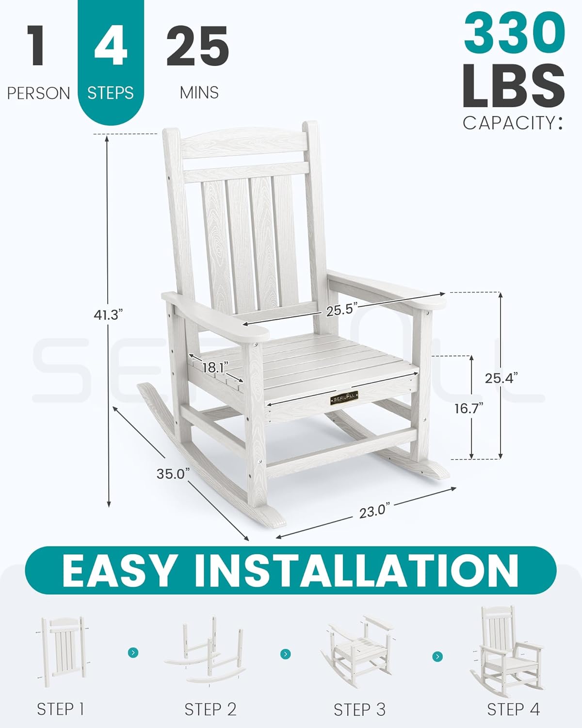 SERWALL Outdoor Rocking Chair Set of 2, HDPE Patio Rocking Chair All-Weather Porch Rocker for Balcony, Yard, White