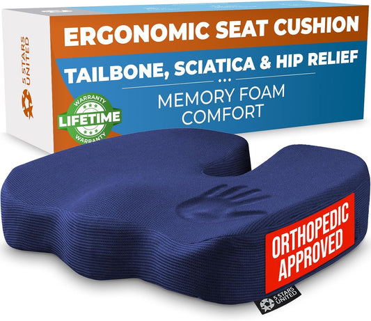 5 STARS UNITED Seat Cushion for Tailbone Pain Relief – Memory Foam Cushion for Coccyx, Hip, Hemorrhoid, Sciatica & Post-Surgery Recovery – Wheelchair, Car, Desk, Gaming & Office Chairs, D Blue