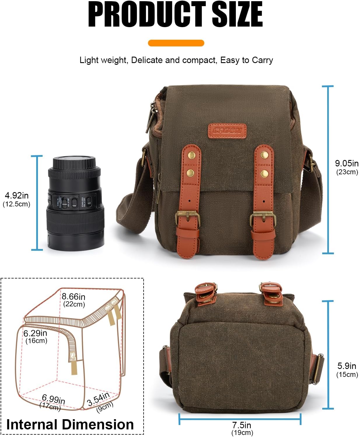 CADeN Compact Camera Bag Case Canvas Leather Trim Compatible for Nikon, Canon, Sony Mirrorless Camera and Lenses Waterproof, Camera Shoulder Messenger Bag (Small 1.0 Brown)
