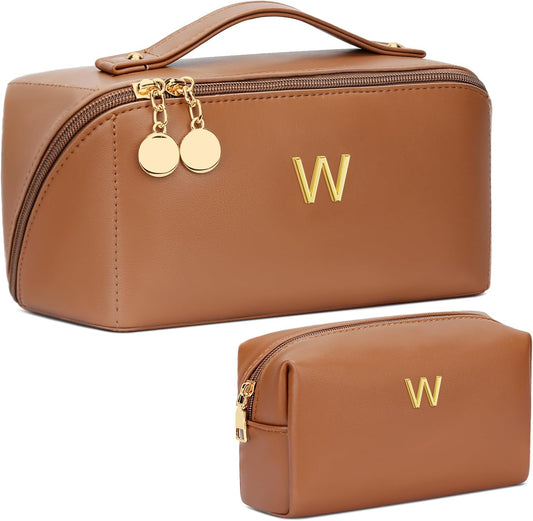 Birthday Gifts for Women Teen Girl, Personalized Initial Makeup Organizer Bag Set, Open Flat Travel Cosmetic Bag With Clear Divider and Handle(Brown,W)