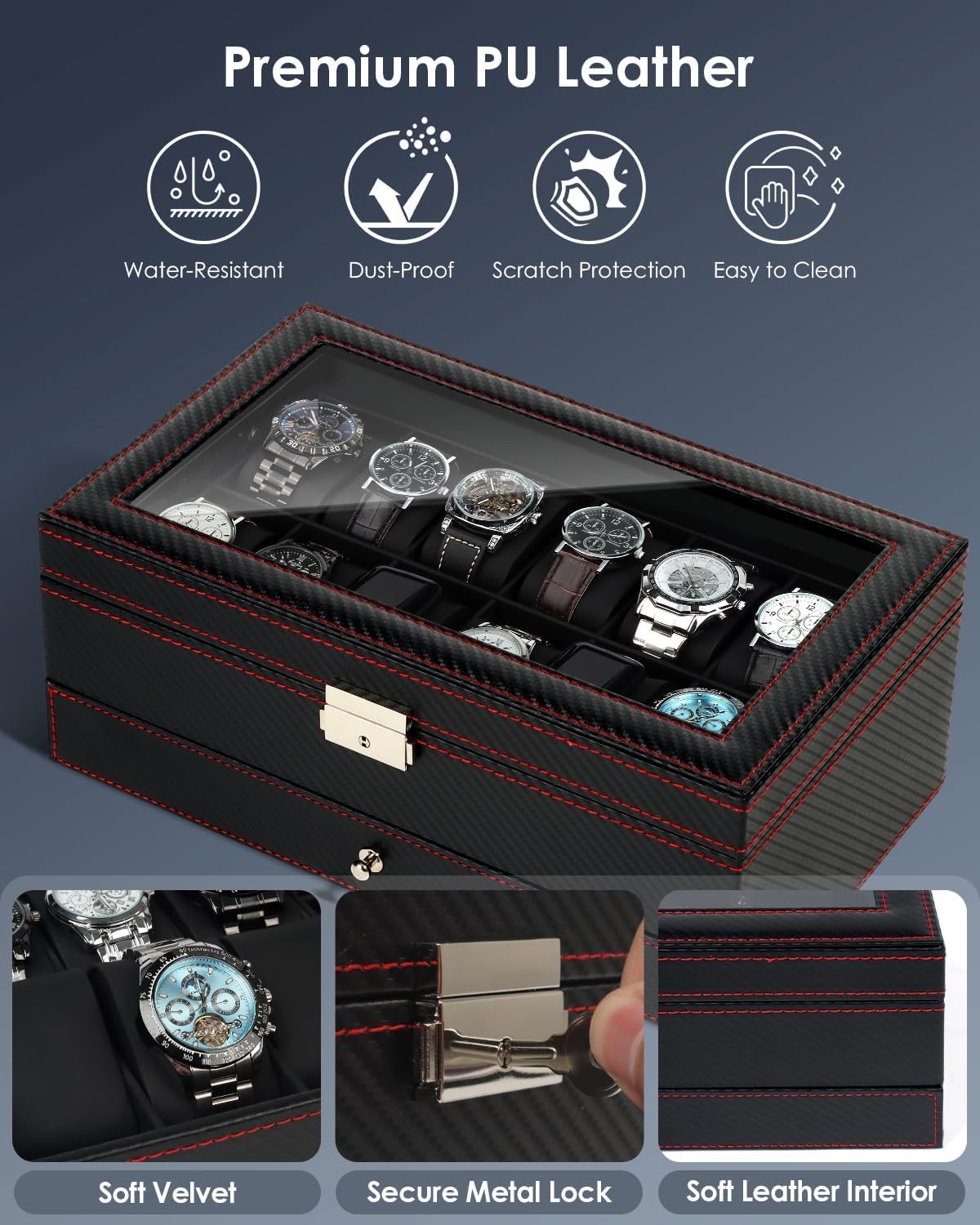 Watch Box Jewelry Organizer, 12-Slot 2-Layer Watch Case Storage with Large Glass Lid, Watch Storage Case for Men with Lock, Watch Holder Display Case, Gift for Men Women