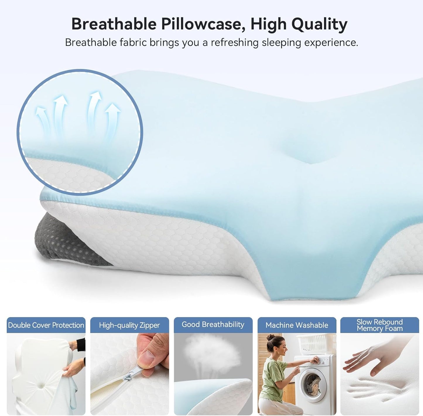 Ergonomic Cervical Pillow for Neck Support, Memory Foam Orthopedic Contour Side Sleeper Pillows with Dual Heights, Soft Bed Pillow with Breathable Pillowcase for Back, Stomach Sleepers(Blue)