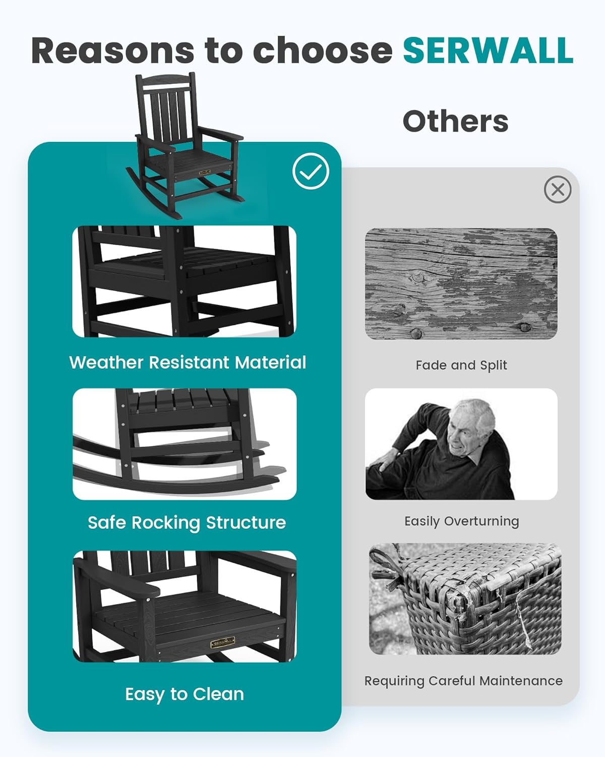 SERWALL Outdoor Rocking Chair, HDPE Patio Rocking Chair All-Weather Porch Rocker for Balcony, Yard, Black