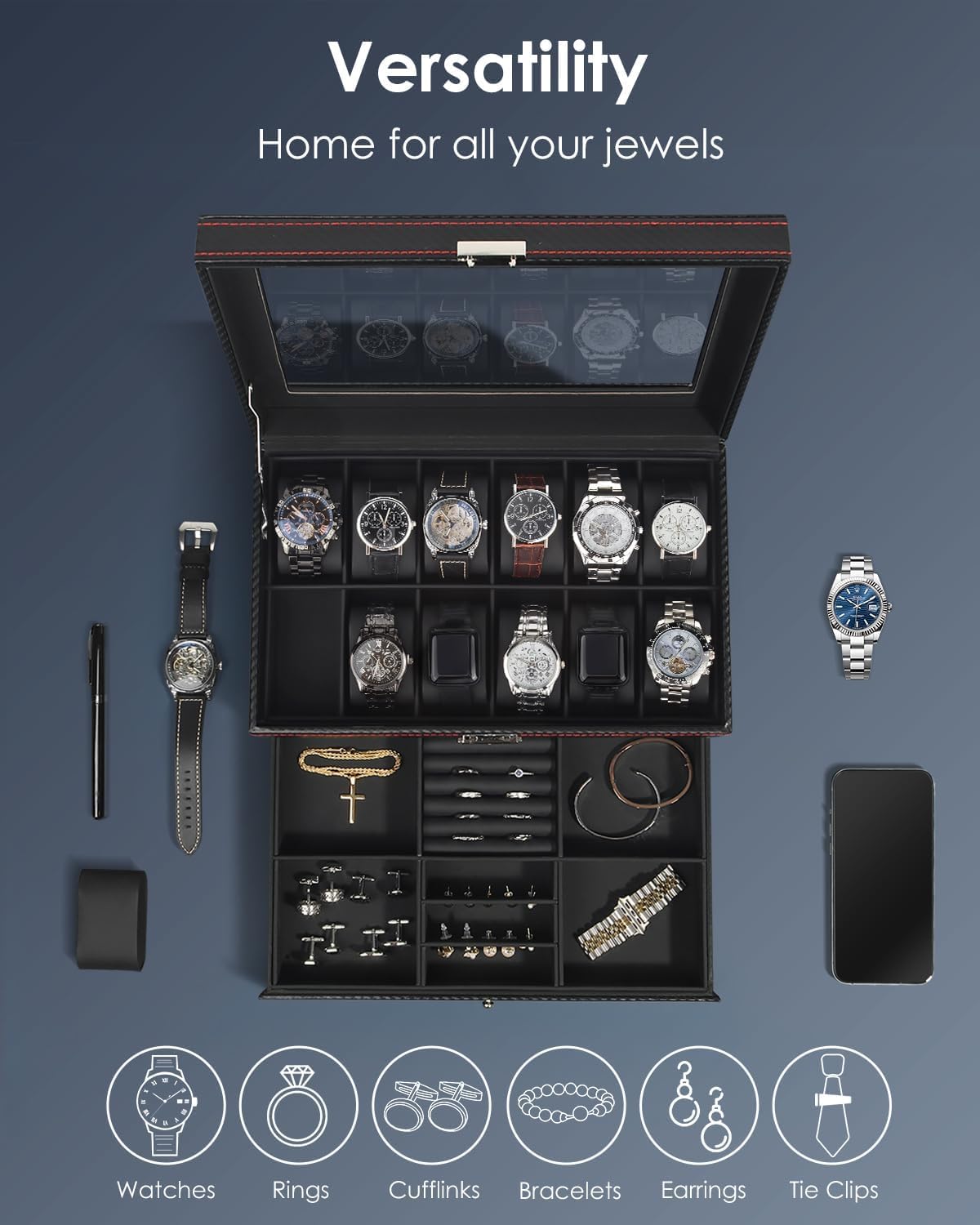 Watch Box Jewelry Organizer, 12-Slot 2-Layer Watch Case Storage with Large Glass Lid, Watch Storage Case for Men with Lock, Watch Holder Display Case, Gift for Men Women