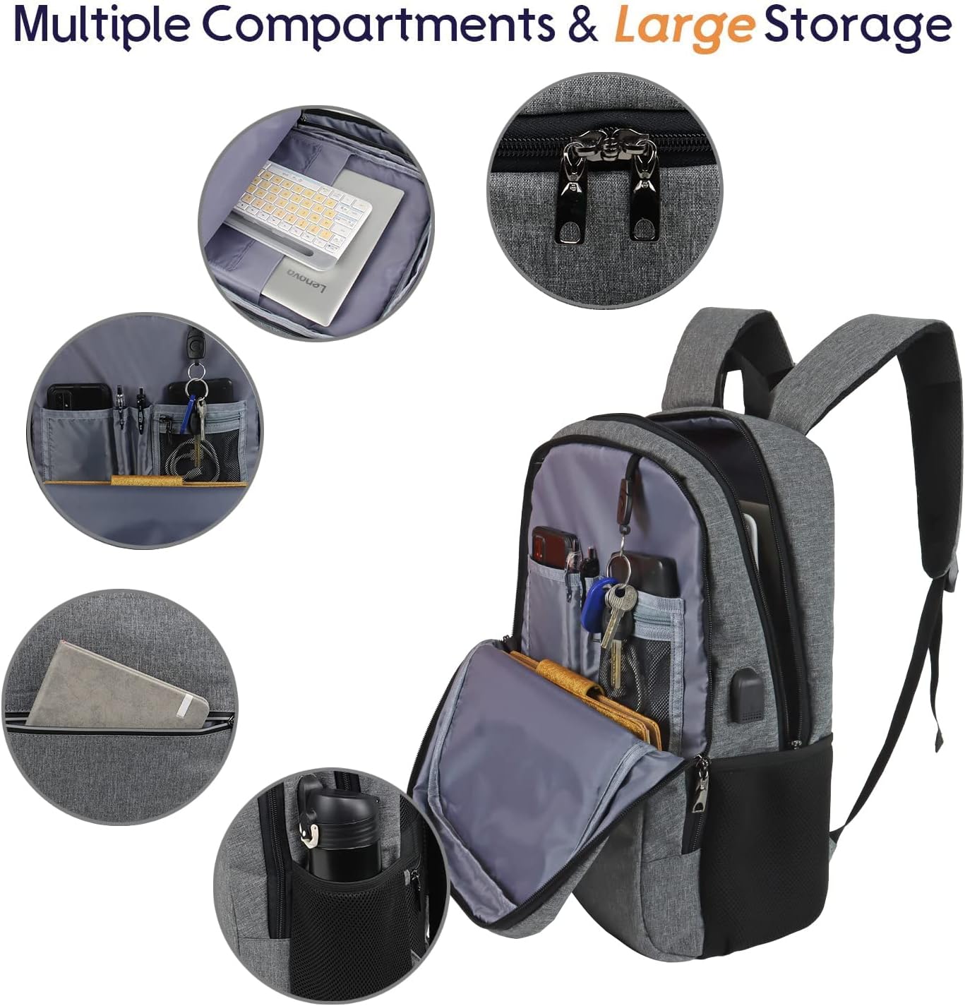 Laptop Backpack for Men Women, Travel Business Backpack with USB Charging Port and Anti Theft Pocket, Fits 17 Inch Laptop,Grey
