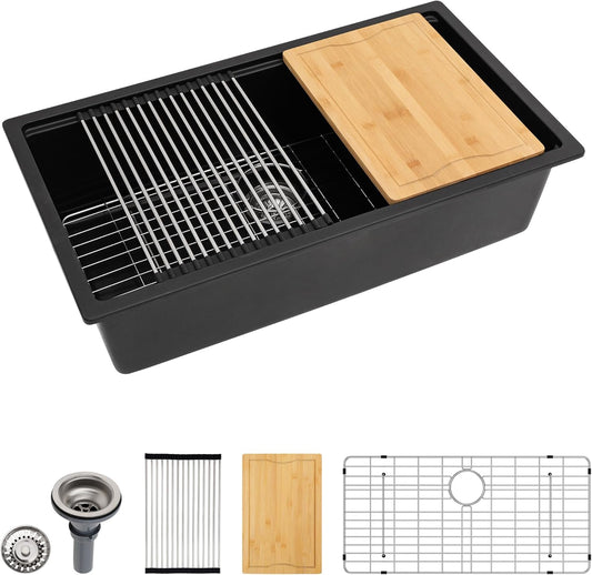 Dcolora 30 Inch Matte Black Kitchen Sink Workstation Granite Composite Undermount Single Bowl Kitchen Sink,DC-GU8769