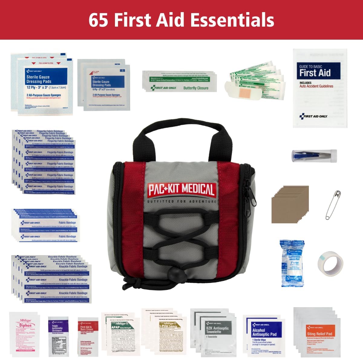 Pac-Kit Trailblazer 1 Outdoor First Aid Kit for Hiking, Camping and Outdoor Travel, 65 Pieces