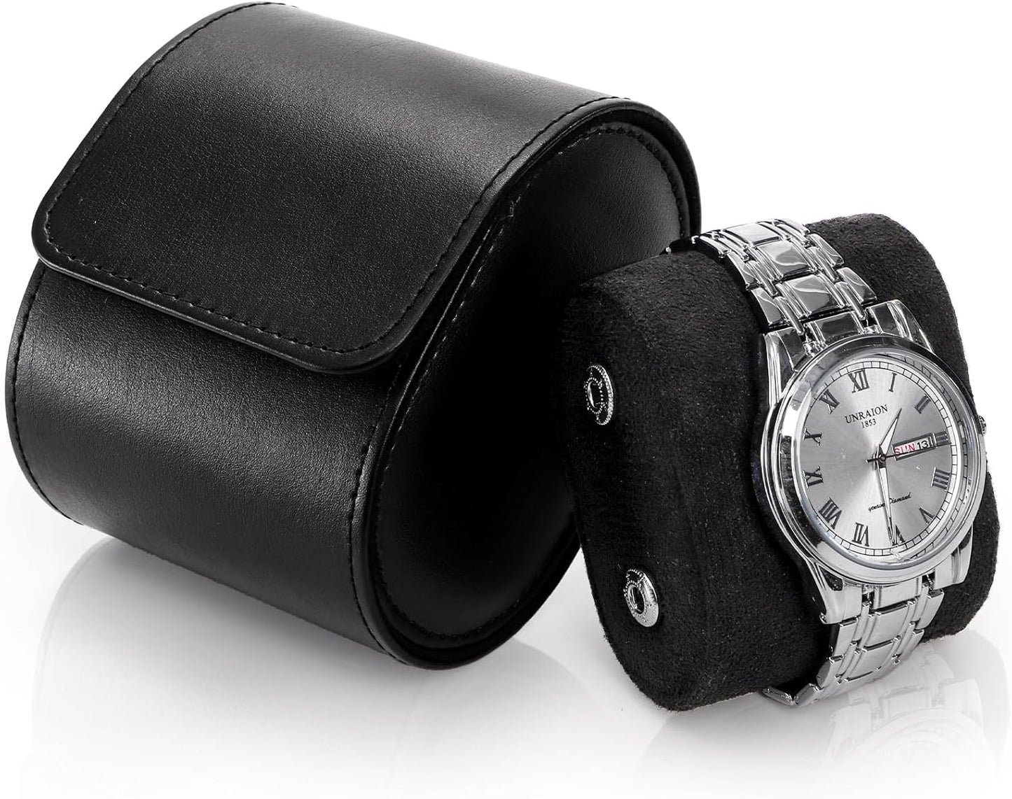 Leather Travel Watch Case, Single Watch Gift Box with Pillow, Portable Jewelry Watch Storage Roll Organizer Carrying Case for Display, Men, Women, Luxury Black