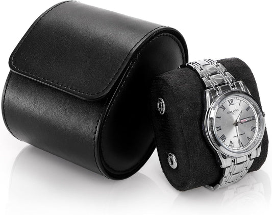 Leather Travel Watch Case, Single Watch Gift Box with Pillow, Portable Jewelry Watch Storage Roll Organizer Carrying Case for Display, Men, Women, Luxury Black