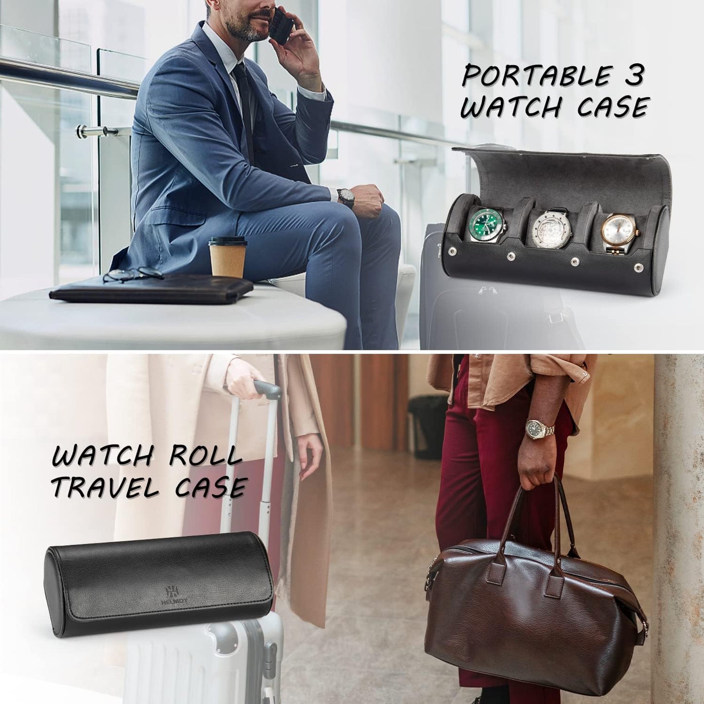 Watch Travel Case for Men: 3 Slot Watch Box Organizer Display Case - Portable Watch Storage & Travel Case - Watch Roll Fits All Wrist Watches & Smart Watches Up to 50mm (Black)