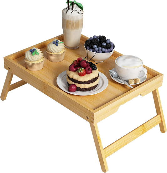 Bed Tray Table with Folding Legs,Bamboo Breakfast in Bed for Kitchen Serving Tray,Sofa,Eating,Used As Laptop Desk Snack Tray (Bamboo, Large)
