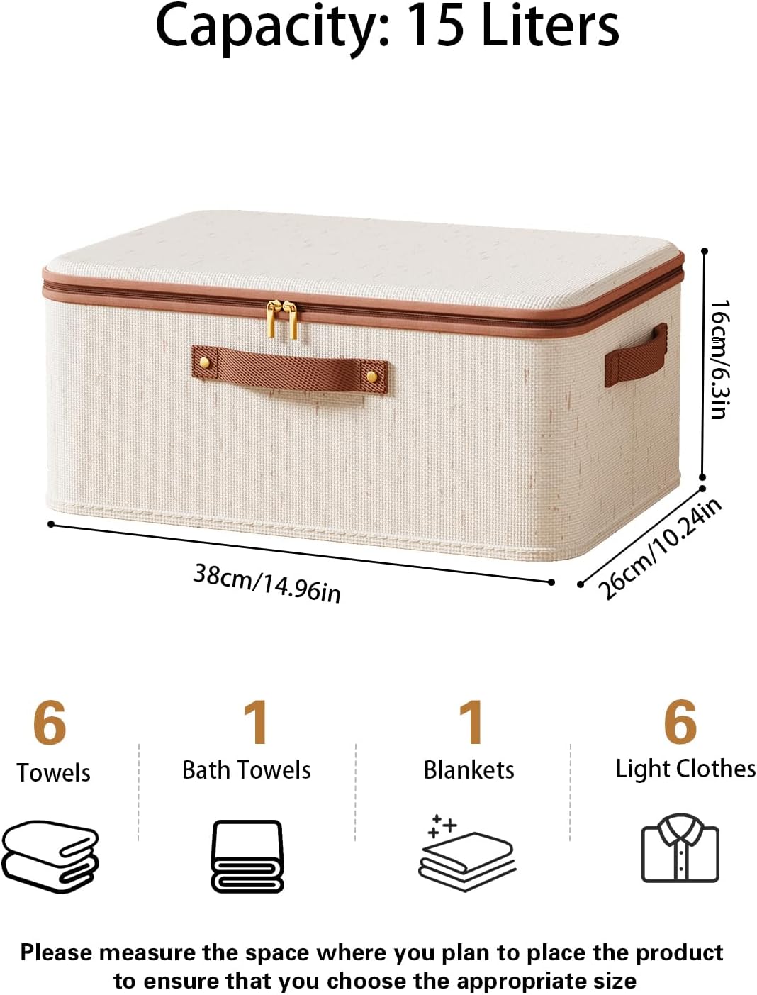 Tuza 3 Pcs Rigid Storage Bins with Zipper Lid, Cotton Linen Fabric Storage Boxes, Foldable Shelves Clothes Storage Cubes with Handles for Wardrobe, Closet(Beige, 15L)