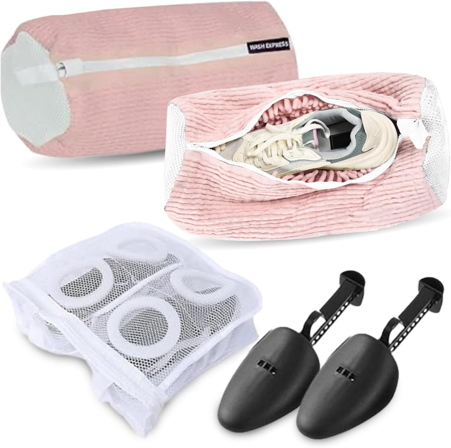 Shoe Cleaning Kit: Shoe Washing Bag (2pcs), Mesh Laundry Bag for Shoe Dryer and Adjustable Shoe Trees (5 pc kit)