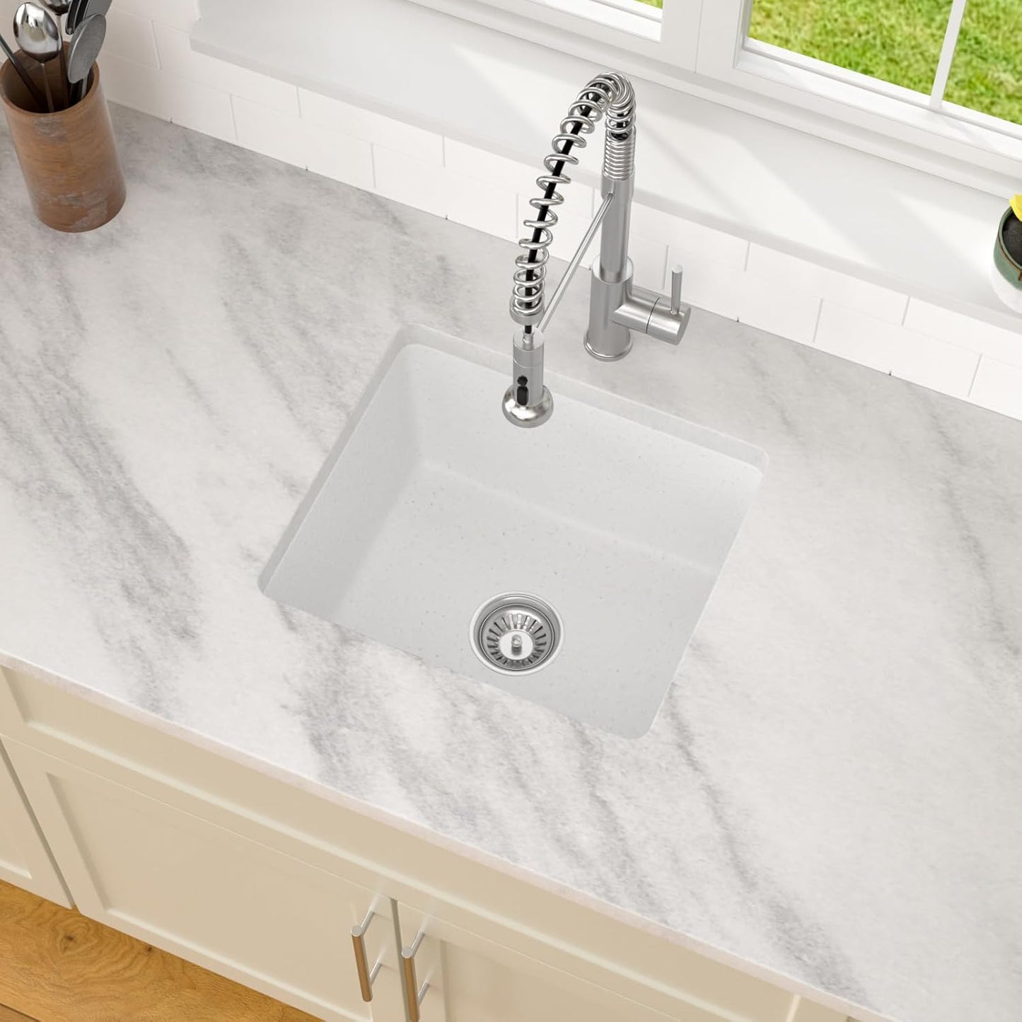 Dcolora 18 Inch Undermount Small Bar Sink Single Bowl Kitchen Sink White Granite Composite Wet Bar Sinks 18"W×16"D×9"H,DC-GUW002