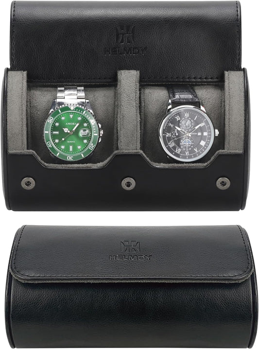Travel Watch Case - Two Watch Roll Storage Box Organizer for Men's Women's Wristwatches & Smart Watches up to 50mm (Black / 2 Slot)
