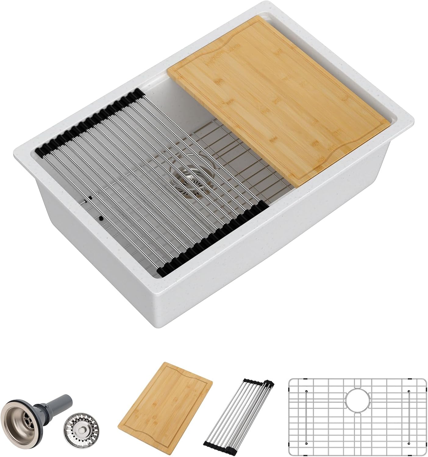 Dcolora 28 Inch White Undermount Kitchen Sink Workstation Single Bowl Modern Kitchen Sink Granite Composite,#DC-GU0003WS