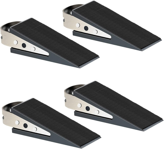 Shackcom Rubber Door Stopper Wedge, 4 Pack Black Heavy Duty Door Stop Suitable for All Floor Types, with Stainless Steel Hangers for Easy Storage, Prevents Unwanted Slams and Bumps