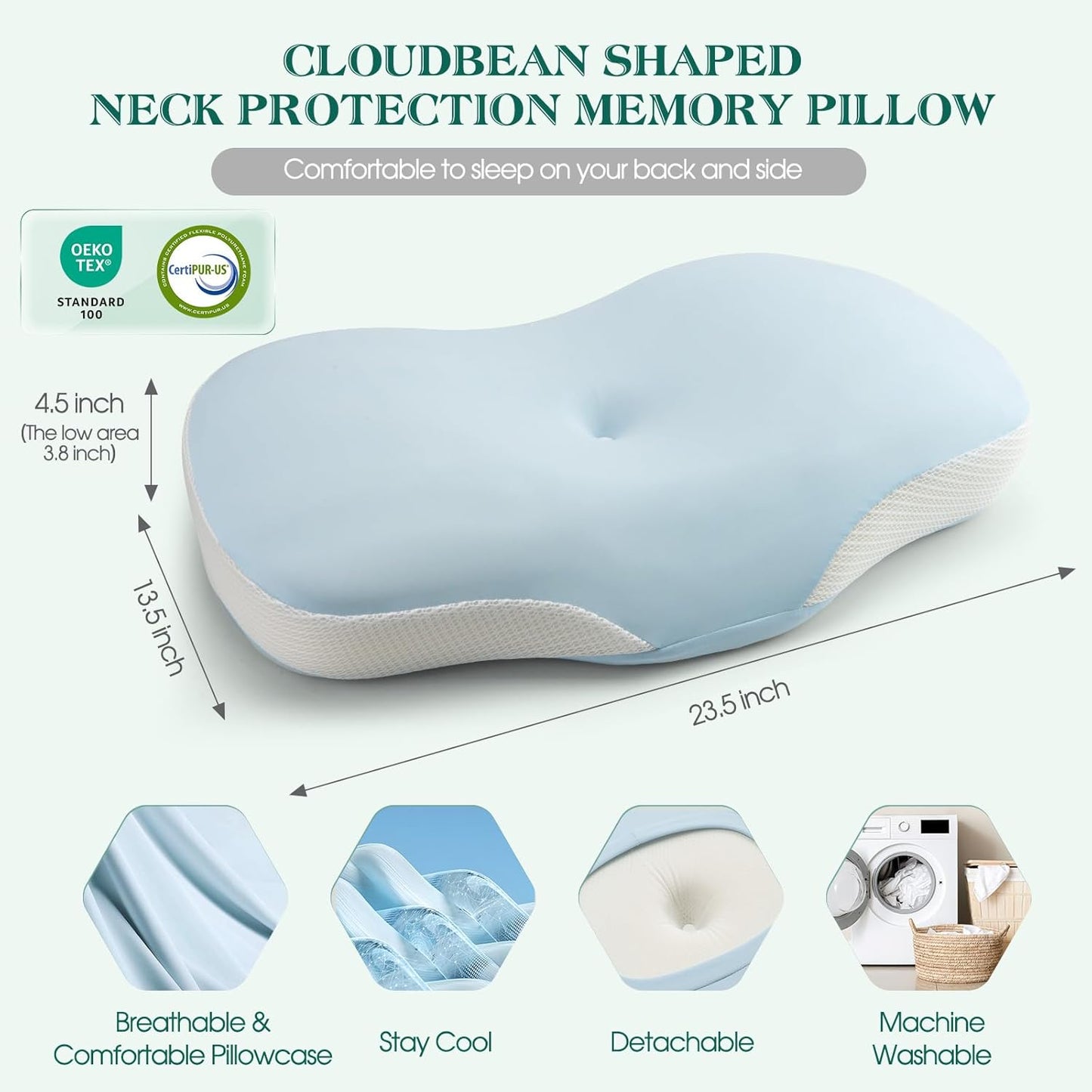 Cervical Pillow for Neck and Shoulder Support, Ergonomic Memory Foam Contour Pillows with Adjustable Dual Heights & Breathable Cover for Side Back Stomach Sleepers (Blue)