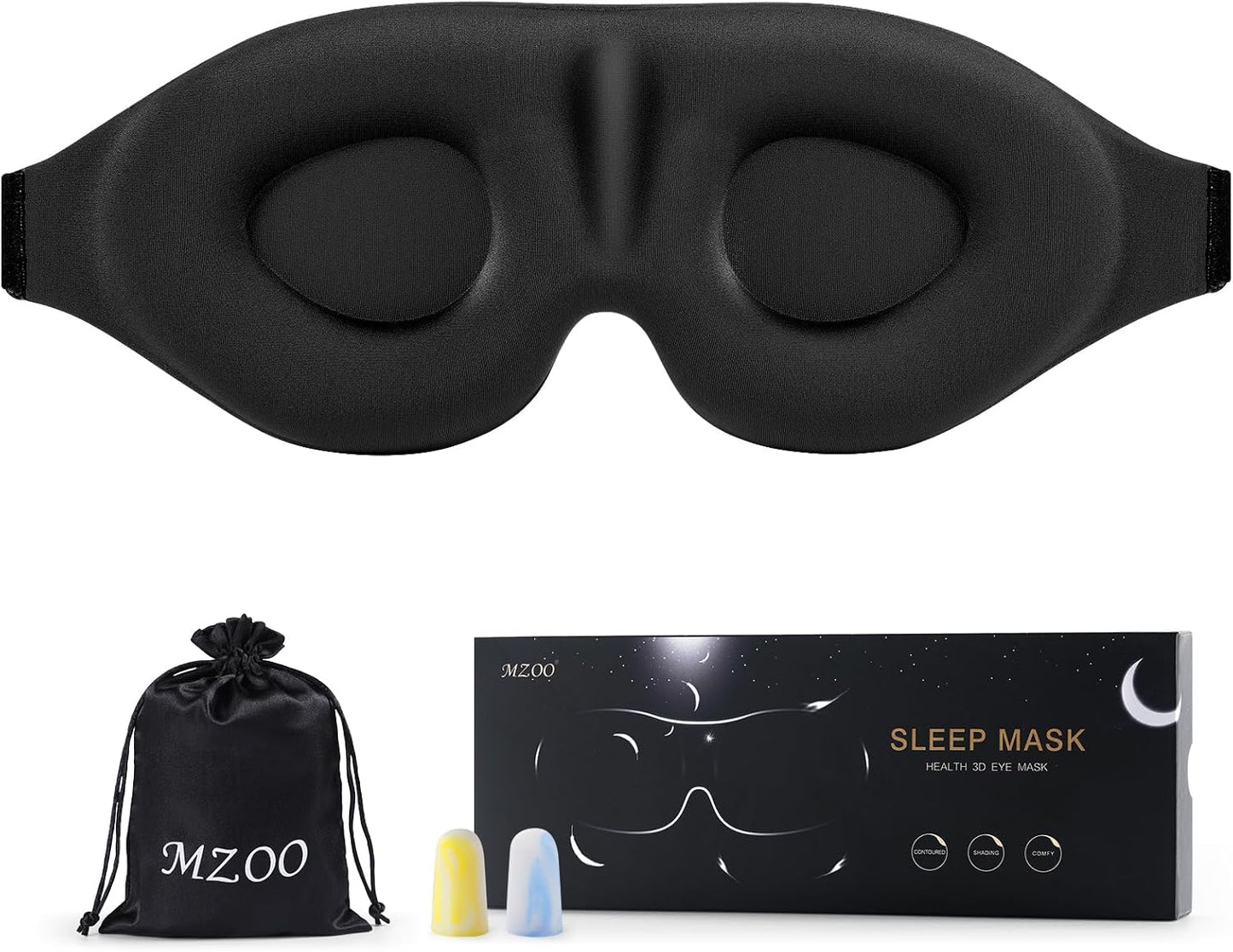 MZOO Sleep Eye Mask for Side Sleeper Men Women, Zero Eye Pressure 3D Sleeping Mask, Light Blocking Patented Design Night Blindfold, Soft Eye Shade Cover for Travel, Black