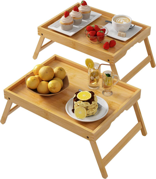 Bed Tray Table with Folding Legs,Bamboo Breakfast in Bed for Kitchen Serving Tray,Sofa,Eating,Used As Laptop Desk Snack Tray 2 Pack (Bamboo)