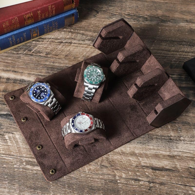 Genuine Leather Watch Roll Travel Case, Vintage Full Grain Leather Hexagon Watches Storage Organizer with Display Removable Pillows & Solid Dividers for Home Storage &Display(3 Slots)