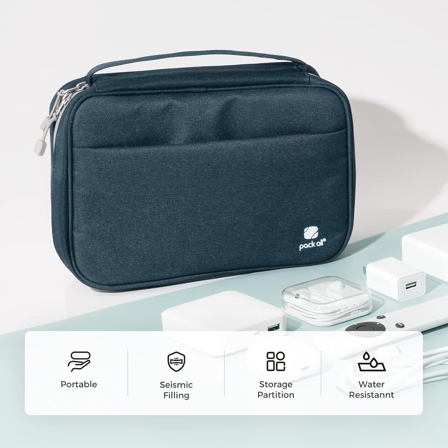 pack all Electronic Organizer Plus, Larger Capcity Cable Organizer Bag, Shockproof Carrying Case, Portable Cord Travel Organizer Storage Bag for Cables, Chargers, Phones, USB, SD Cards(Navy Blue)