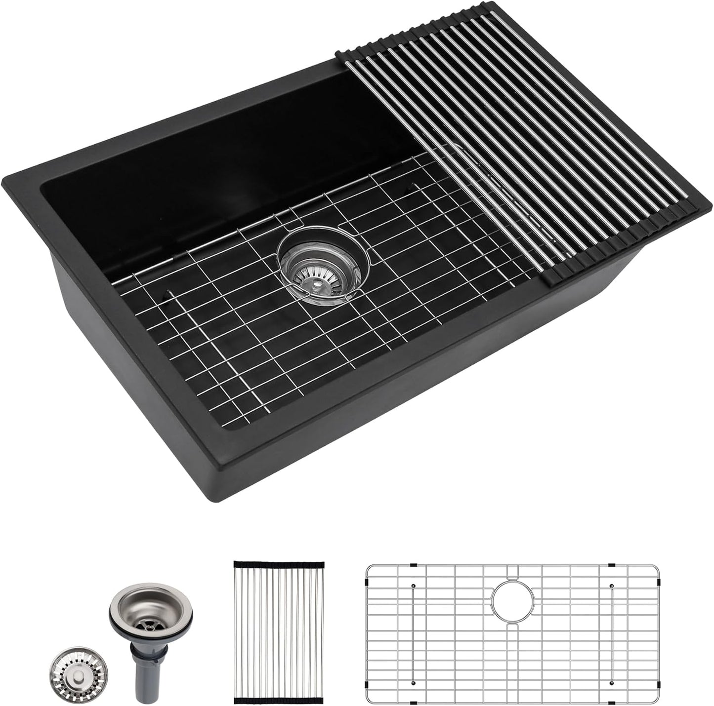 Dcolora 33 Inch Granite Composite Kitchen Sink, Black Undermount Kitchen Sinks Deep Single Bowl, 33"x19", Round Corner, DC-GU7749