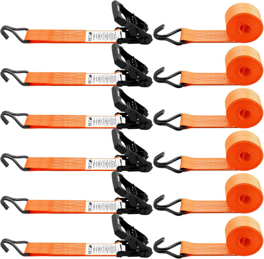 6 Pack 2 inch Ratchet Straps Heavy Duty J Hook 2 in x 15ft with Strong Ratcheting, Cargo Load Tie Down Strap 2200lbs Working Load for Trucks Orange